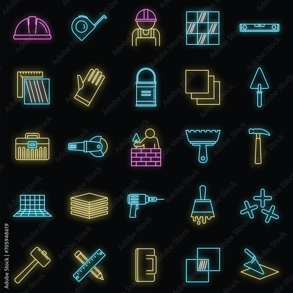 Poster tiler worker icons set. outline set of tiler worker vector icons neon color on black