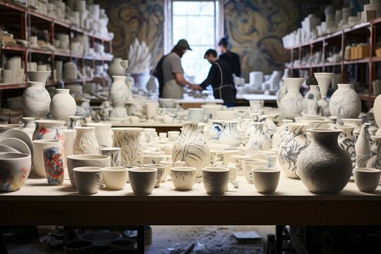 Busy pottery studio filled with handcrafted ceramic pieces in various stages of design