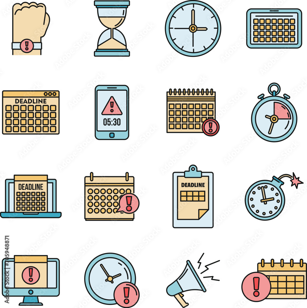 Poster work deadline icons set. outline set of work deadline vector icons thin line color flat on white