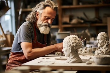 Bearded sculptor intently carving a detailed bust in a clay studio, surrounded by sculptures - obrazy, fototapety, plakaty