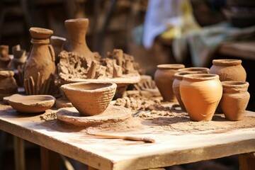 Earthen hues and unfinished pottery shapes cover the workbench in a ceramicist&rsquo;s studio