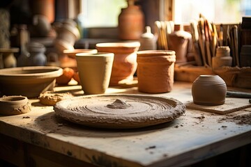 Warm light illuminates a potter's wheel and unfinished clay works in a cozy studio