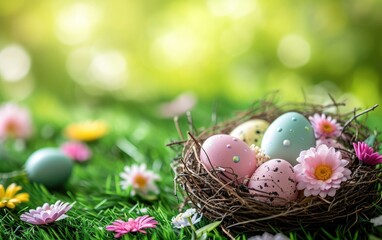 Fototapeta na wymiar Nest with easter eggs in grass on a sunny spring day - Easter decoration