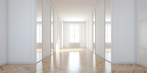 Contemporary minimalist corridor design in bright apartment with doors to rooms and framed mirror on parquet floor by white wall.