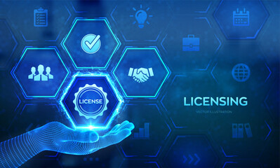 Fototapeta premium Licensing. License agreement concept in wireframe hands. Copyright protection law license property rights. Business technology concept on virtual screen. Vector illustration.