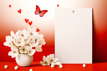Valentine's Day greeting card mockup with hearts, flowers and blank frame for your words of love