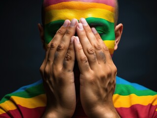 Man with a rainbow-painted face covers his face with his hands,  symbolizing diversity and solidarity in the LGBTQ+ community. Homophobia