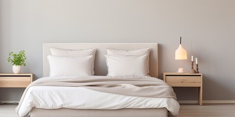 Minimalistic bedroom with white-linened bed and night table lamps.