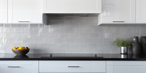White glossy kitchen with black quartz countertop and marble tile backsplash, featuring concealed hood and undermounted sink.