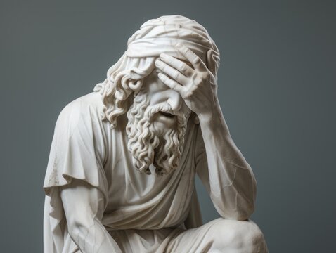 Antique Greek marble Statue doing facepalm on a gray background