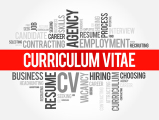 Curriculum Vitae is a short written summary of a person's career, qualifications, and education, word cloud text concept background