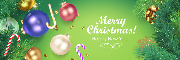 Christmas background with decorations and Christmas tree branches