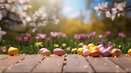 Easter eggs, empty wooden tabletop and blurred spring meadow as background. Image for display your product.