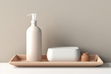 Fototapeta na wymiar Modern minimal wooden shelf gray ceramic jar wood 
