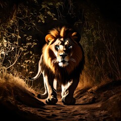 image of night trail camera footage of a giant lion in the jungle or desert