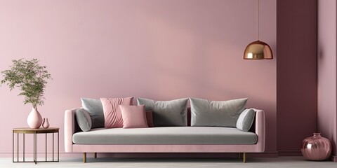 Grey velvet sofa in pink-walled living room.
