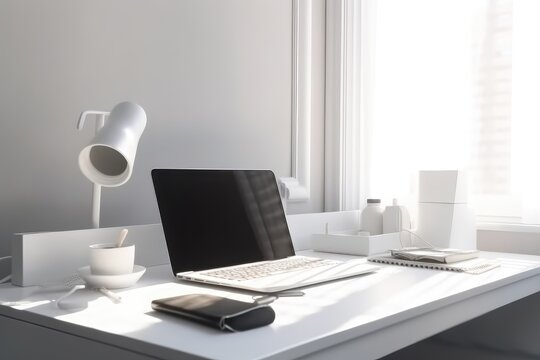 Modern minimal white working desk with computer desktop 