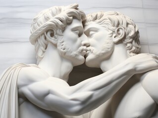 Two antique Greek marble statues man kissing
