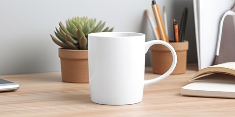 A mockup of a white mug on a workdesk with accessories.