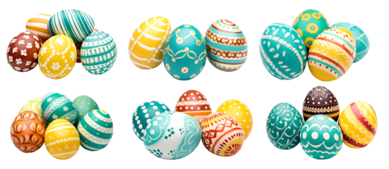 Pile group stack tower set collection of colourful hand painted decorated easter eggs on transparent background cutout, PNG file. Many different design. Mockup template for artwork design
