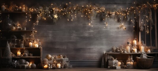 Christmas wood mockup studio, background with Christmas blurred lights. Horizontal banking background for web. Photo AI Generated