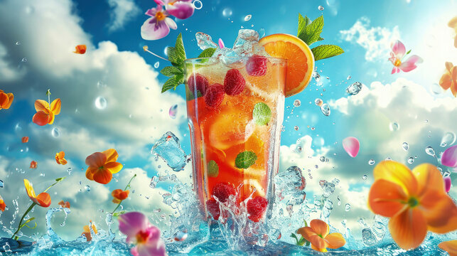 Colorful fruit cocktail with a vibrant splash in a sunny sky