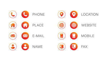 Business contact information icon set. red to orange gradient rounded button business card Icons include phone, place, e-mail, location, website, mobile and fax icon - obrazy, fototapety, plakaty