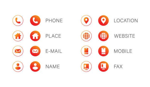 Business contact information icon set. red to orange gradient rounded button business card Icons include phone, place, e-mail, location, website, mobile and fax icon
