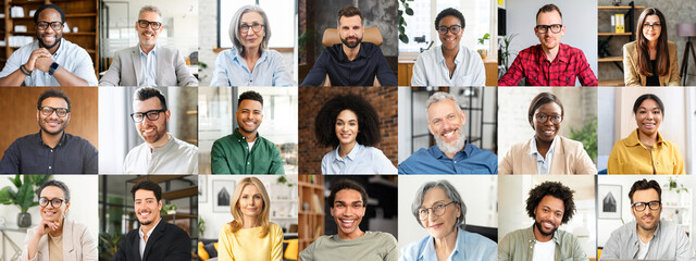 An array of engaging portraits depicts men and women of different ages and backgrounds, each with a warm smile and relaxed demeanor, set against the backdrop of various professional environments