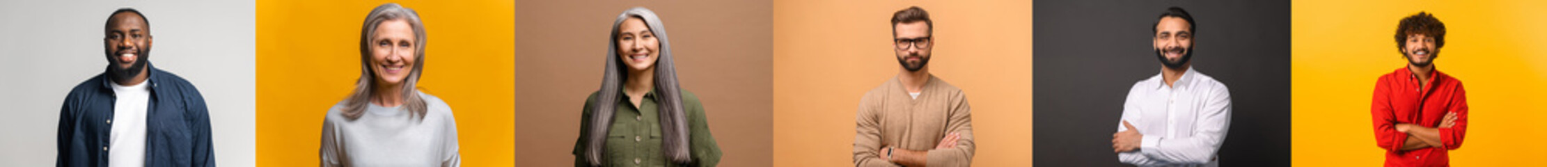 A lineup of individuals from diverse ethnic, each displaying a friendly demeanor against a colorful background, unique personality of each person, suitable for various advertising and promotional uses