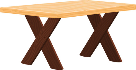Wooden picnic table with crossed leg design, simple outdoor furniture. Rustic wooden table, garden or patio decor vector illustration.