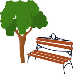 Park bench under a green tree, simple cartoon style. Outdoor wooden bench for rest, garden or park landscape vector illustration.