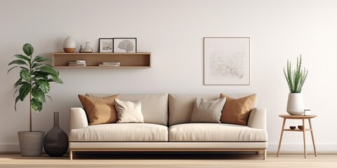 Naklejka premium Contemporary living room with poster frame, beige sofa, shelf, and decorations. Creative home staging. White wall. Template.