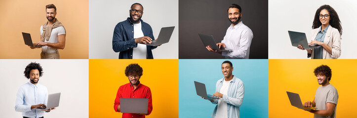 Row of individuals dressed in casual and semi-formal attire each holding a laptop, possibly representing the versatility of technology in various aspects of life including work, education, and leisure
