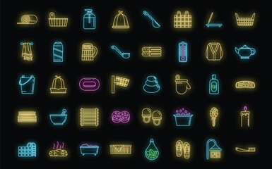 Sauna relax icons set. Outline set of sauna relax vector icons neon color on black