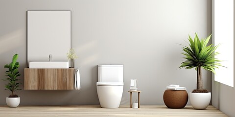 Toilet with a sleek, brown and white minimalist interior, featuring a long mirror.