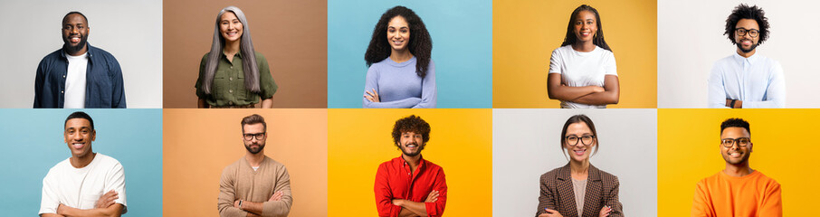 A diverse lineup of individuals against vibrant backgrounds, each with a unique expression and casual attire, exuding a lively and approachable vibe, essence of modern society's diversity and energy