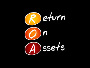 ROA Return On Assets - percentage of how profitable a company's assets are in generating revenue, acronym text concept background