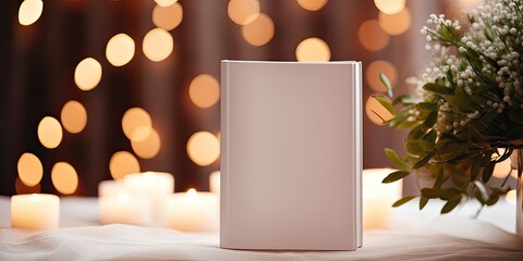 Mock up of a white hardcover book in a cozy living room with warm lighting and artificial decoration.