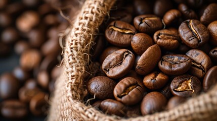 Fototapeta premium Bag of Coffee Beans on Table - Freshly Roasted Arabica and Robusta