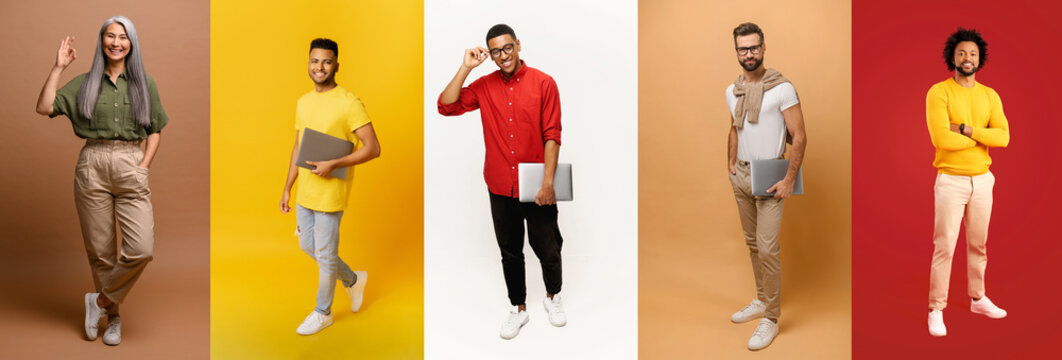 A row of individuals dressed in casual and semi-formal attire each holding a laptop, possibly representing versatility of technology in various aspects of life including work, education, and leisure.