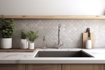 Fototapeta na wymiar Pastel gray kitchen counter white marble countertop sink