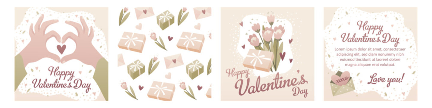 Valentine's Day square card designs. Romantic love elements and pattern. Concept for social banners. Tender vector illustrations with space for text.