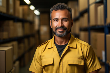 Fototapeta premium A portrait of a happy warehouse worker, overseeing the distribution and shipping process.