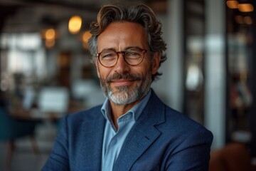 Fototapeta premium Confident and stylish mature businessman in a modern office, exuding professionalism and a friendly demeanor.