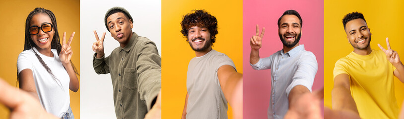 A series of individual self-portraits featuring five different people, each making a peace sign...