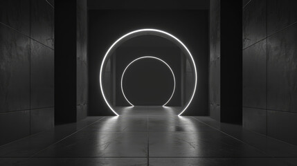 A minimalist monochrome portal emitting a bright light in a dark setting.