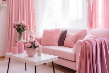 Pink sofa and home decor for valentines day