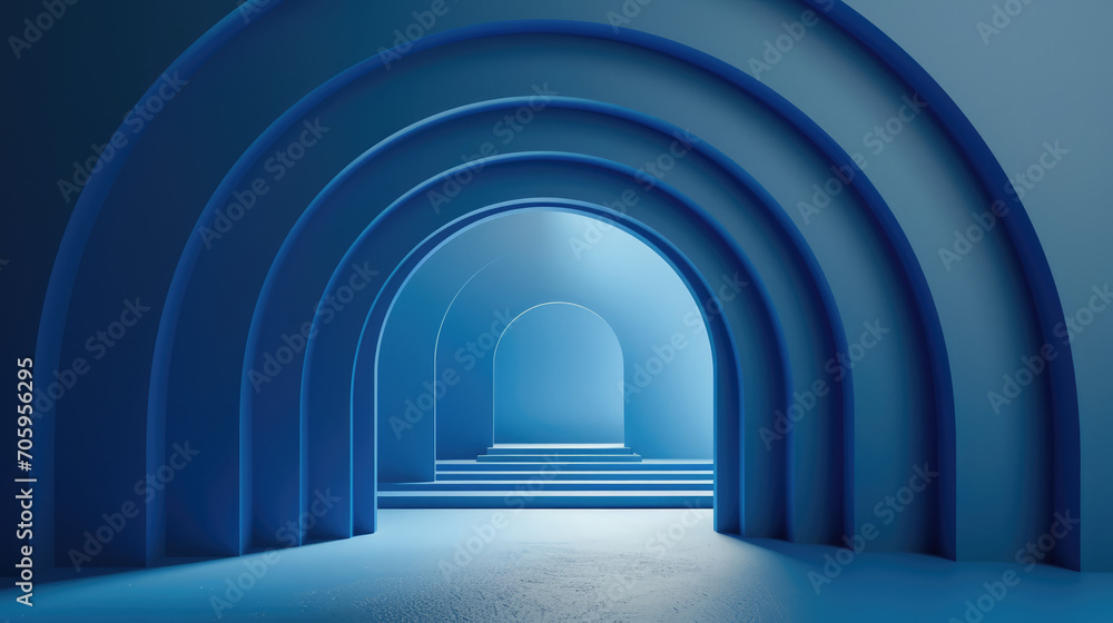 Sticker Serenely lit blue arches forming a corridor in an abstract, futuristic space.