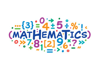word mathematics on white background, scattered mathematics symbols. mathematics concept with colorful symbols